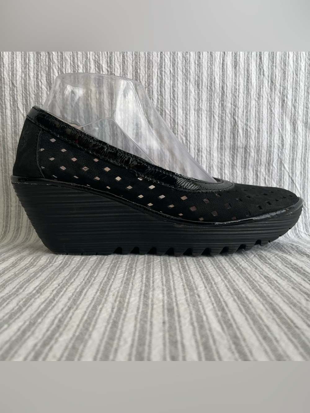 FLY LONDON Black Suede And Patent Leather Perforated Wedge Shoes Size 38 #786